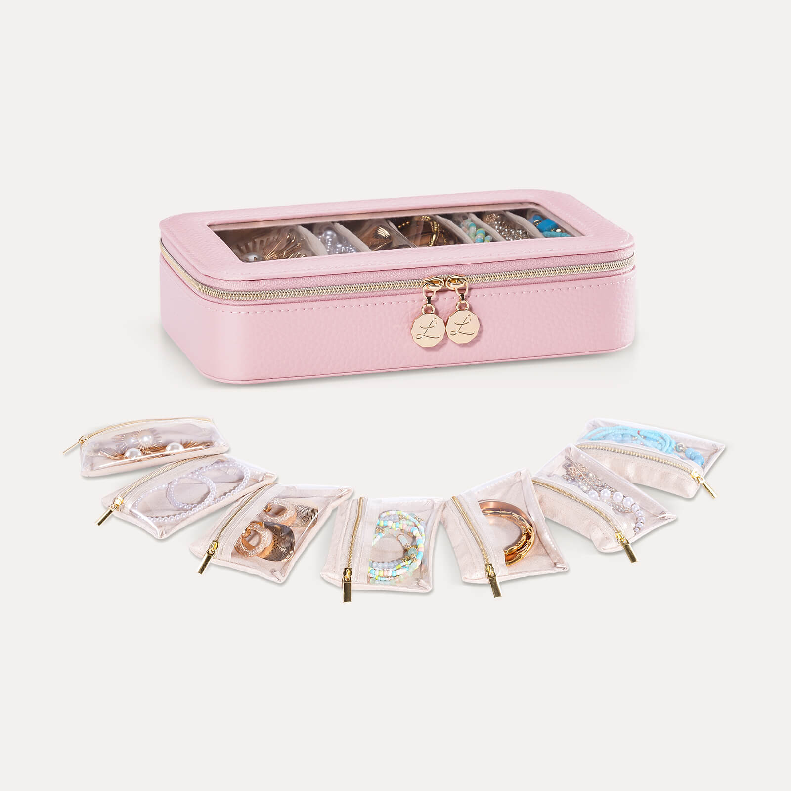 Travel Jewelry Box with Small Pouches Pink