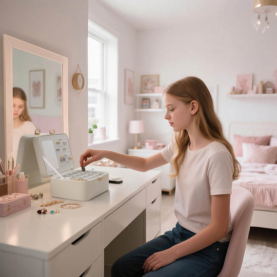 The Cloudwhite Lolalet jewelry box sitting on a white vanity table, perfect as a gift for a young woman.