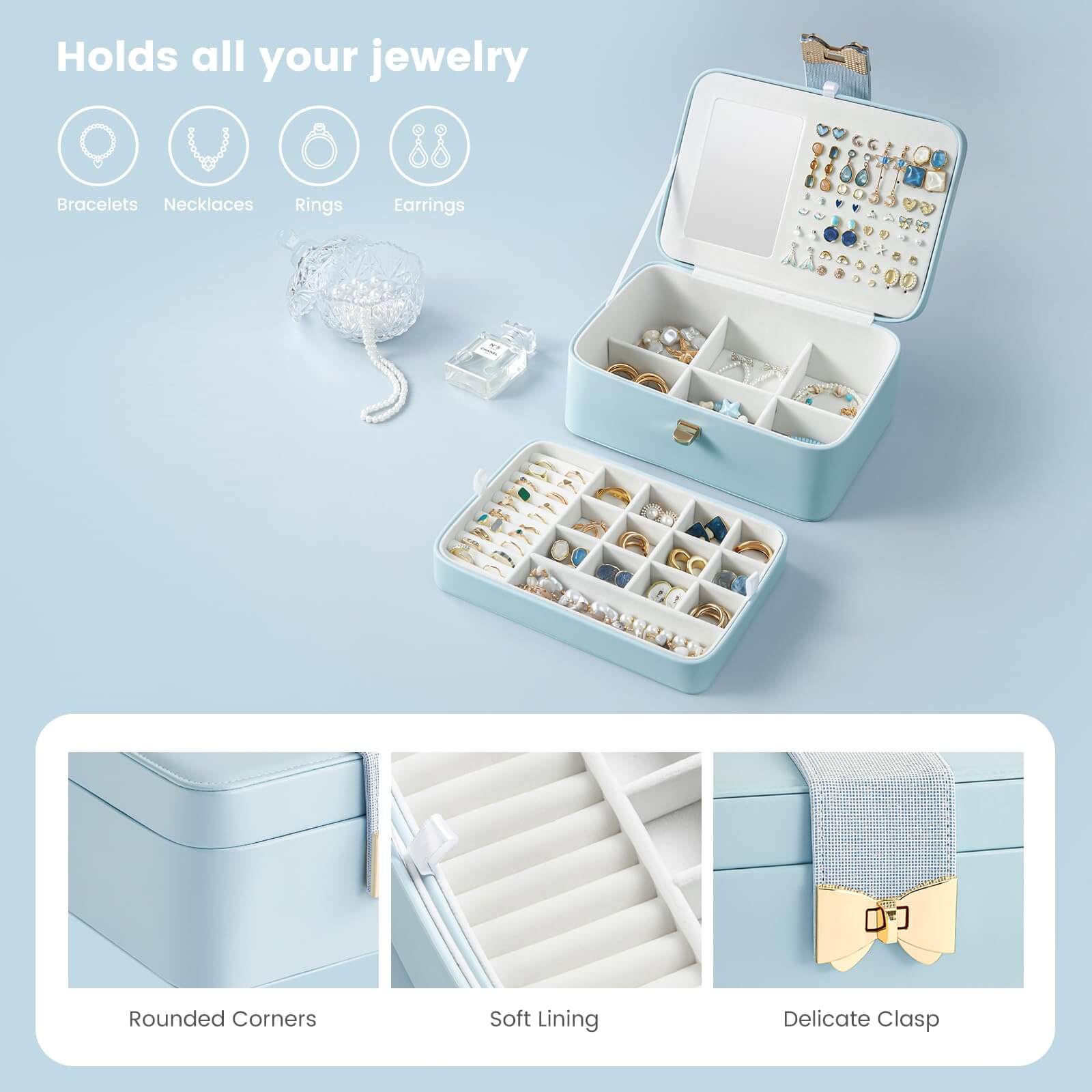 2 Layer Multi-Compartment Jewelry Organizer Box with Mirror