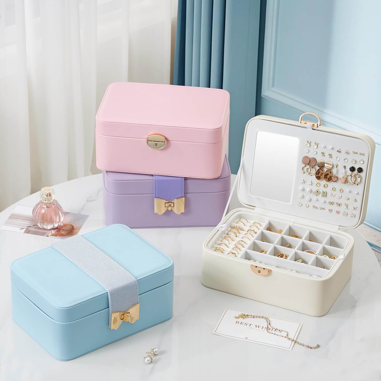 2 Layer Multi-Compartment Jewelry Organizer Box with Mirror