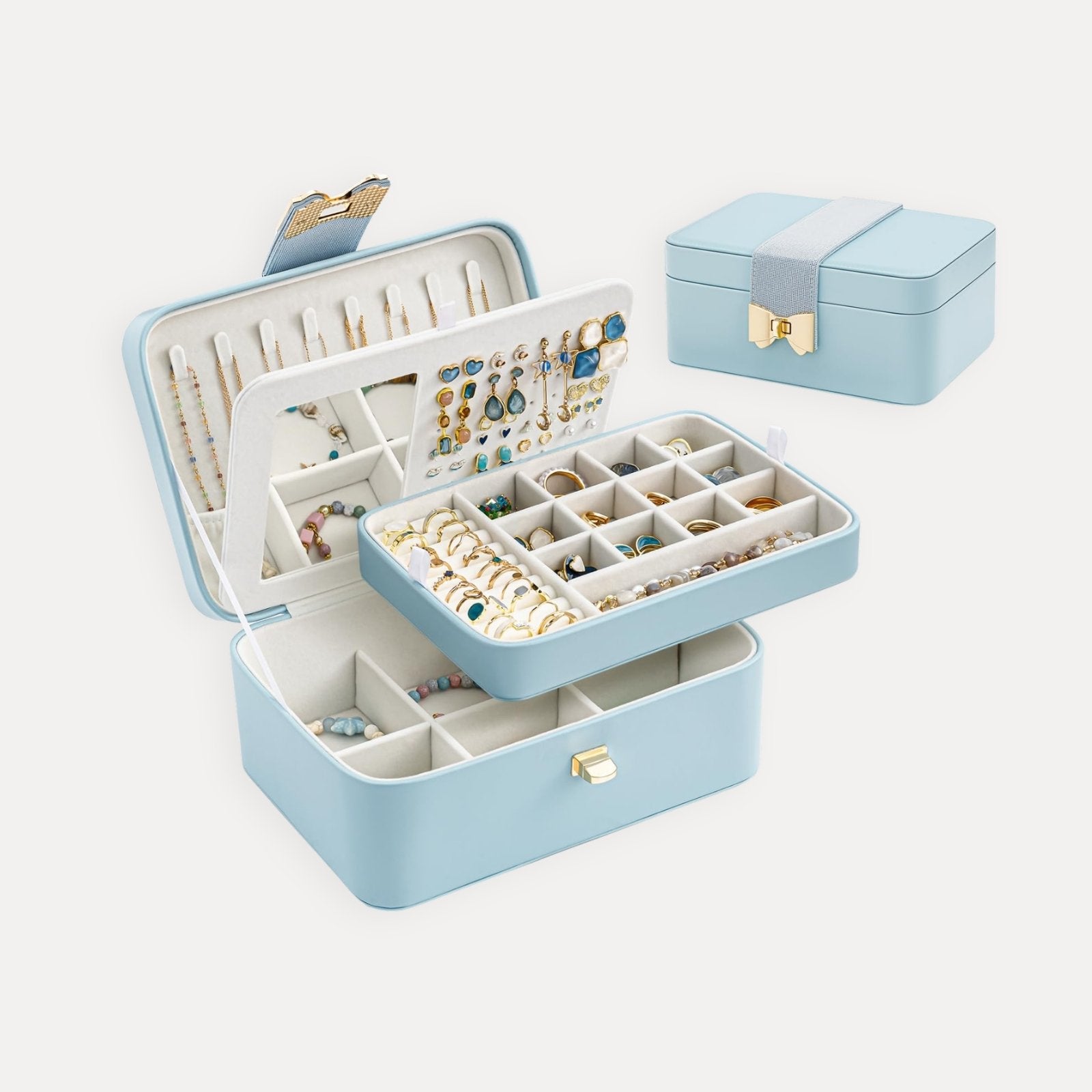 2 Layer Multi-Compartment Jewelry Organizer Box with Mirror
