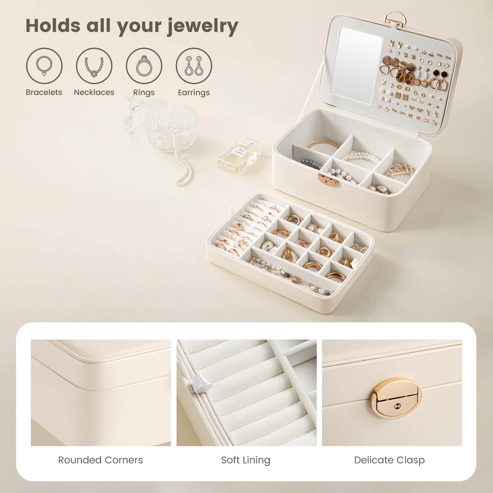 2 Layer Multi-Compartment Jewelry Organizer Box with Mirror