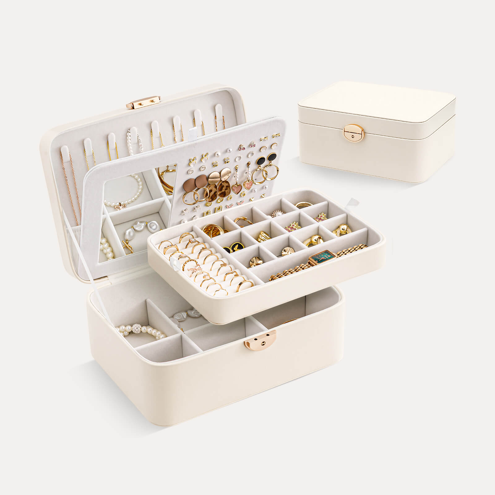 CloudWhite open view of the Lolalet 2-layer jewelry organizer showing compartments for rings and earrings, and an interior mirror.