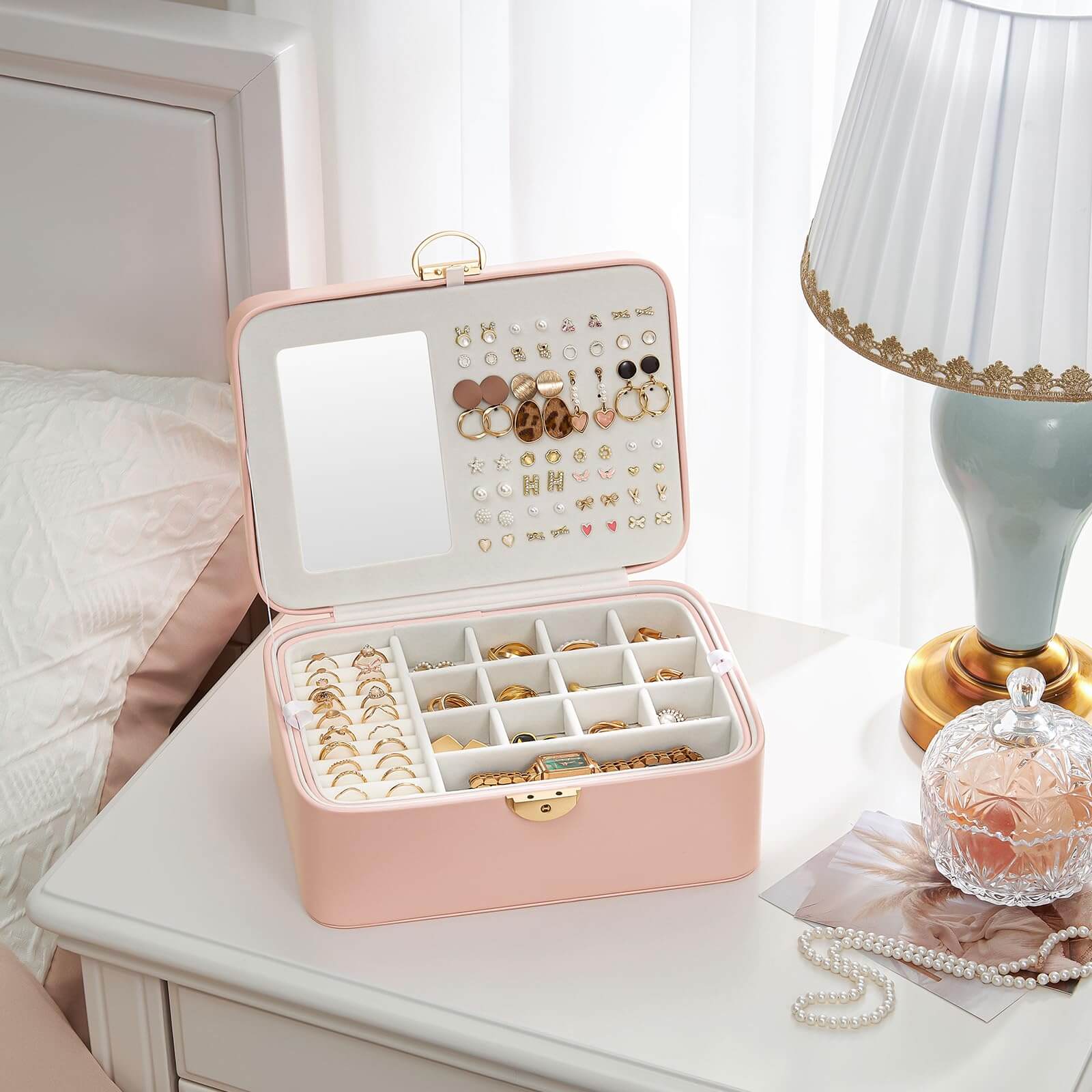 2 Layer Multi-Compartment Jewelry Organizer Box with Mirror