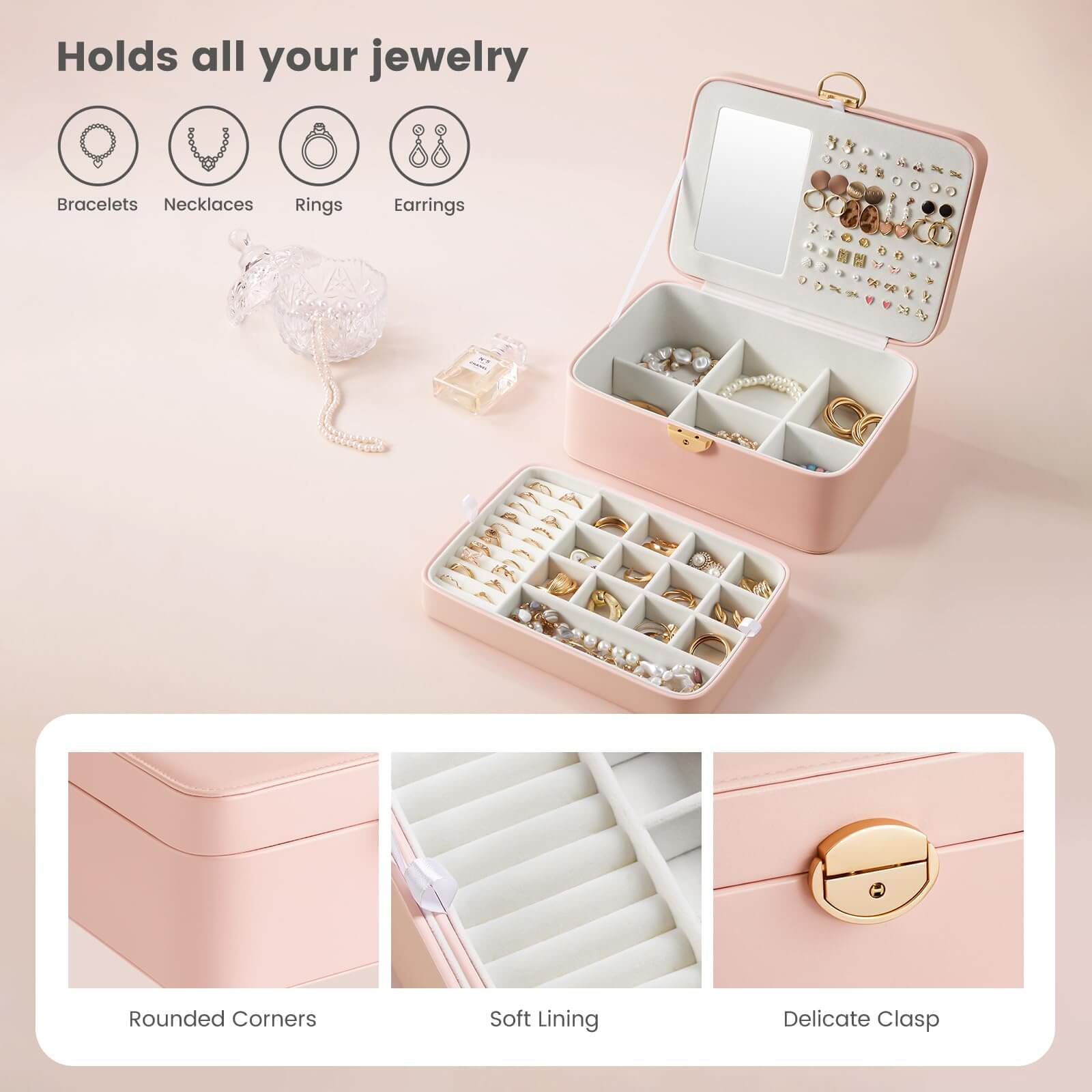 2 Layer Multi-Compartment Jewelry Organizer Box with Mirror