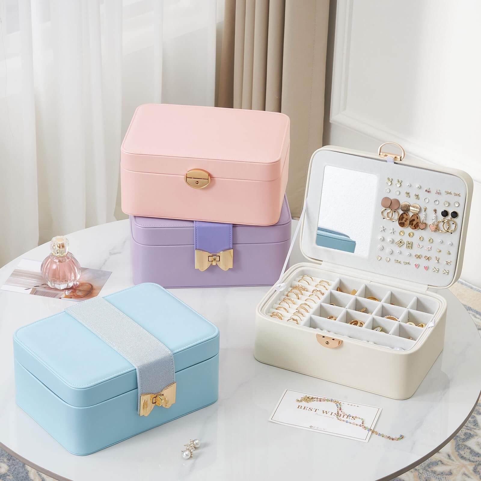 2 Layer Multi-Compartment Jewelry Organizer Box with Mirror