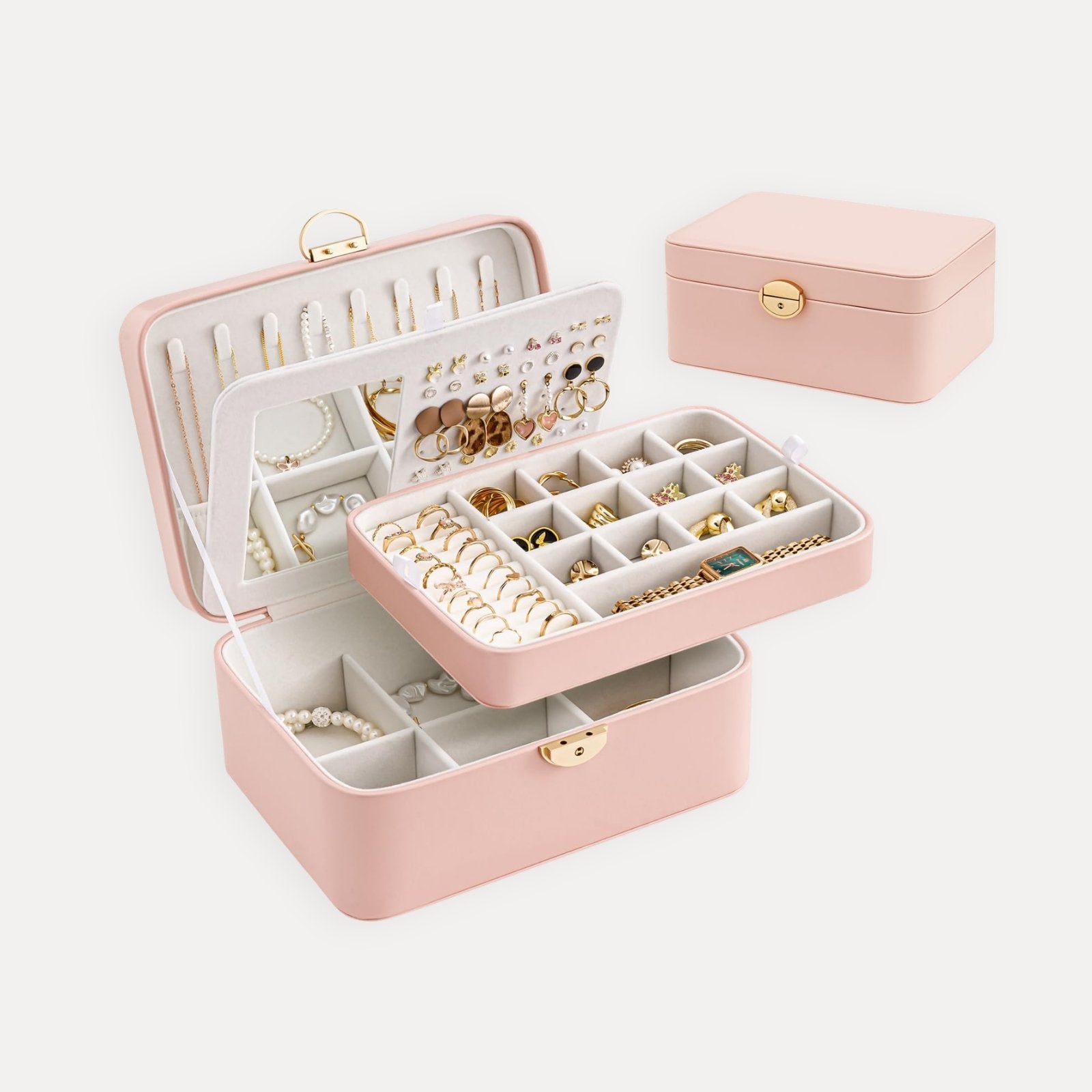2 Layer Multi-Compartment Jewelry Organizer Box with Mirror