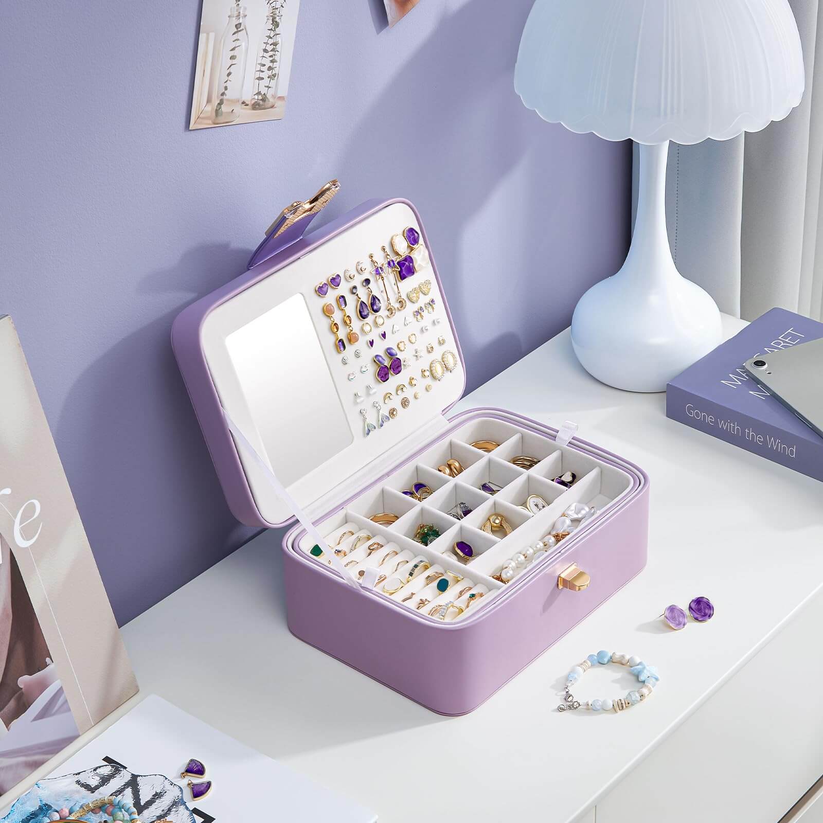 2 Layer Multi-Compartment Jewelry Organizer Box with Mirror