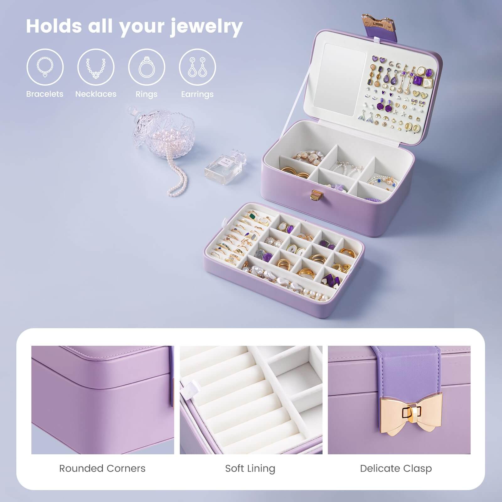 2 Layer Multi-Compartment Jewelry Organizer Box with Mirror