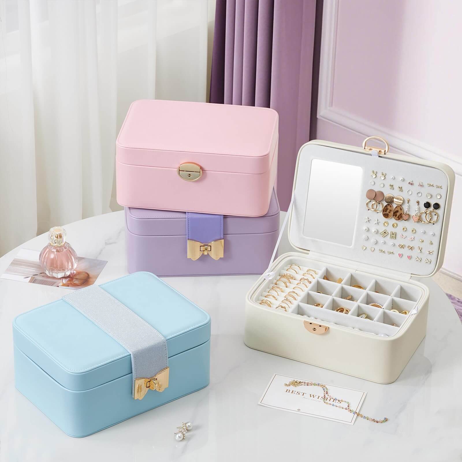 2 Layer Multi-Compartment Jewelry Organizer Box with Mirror