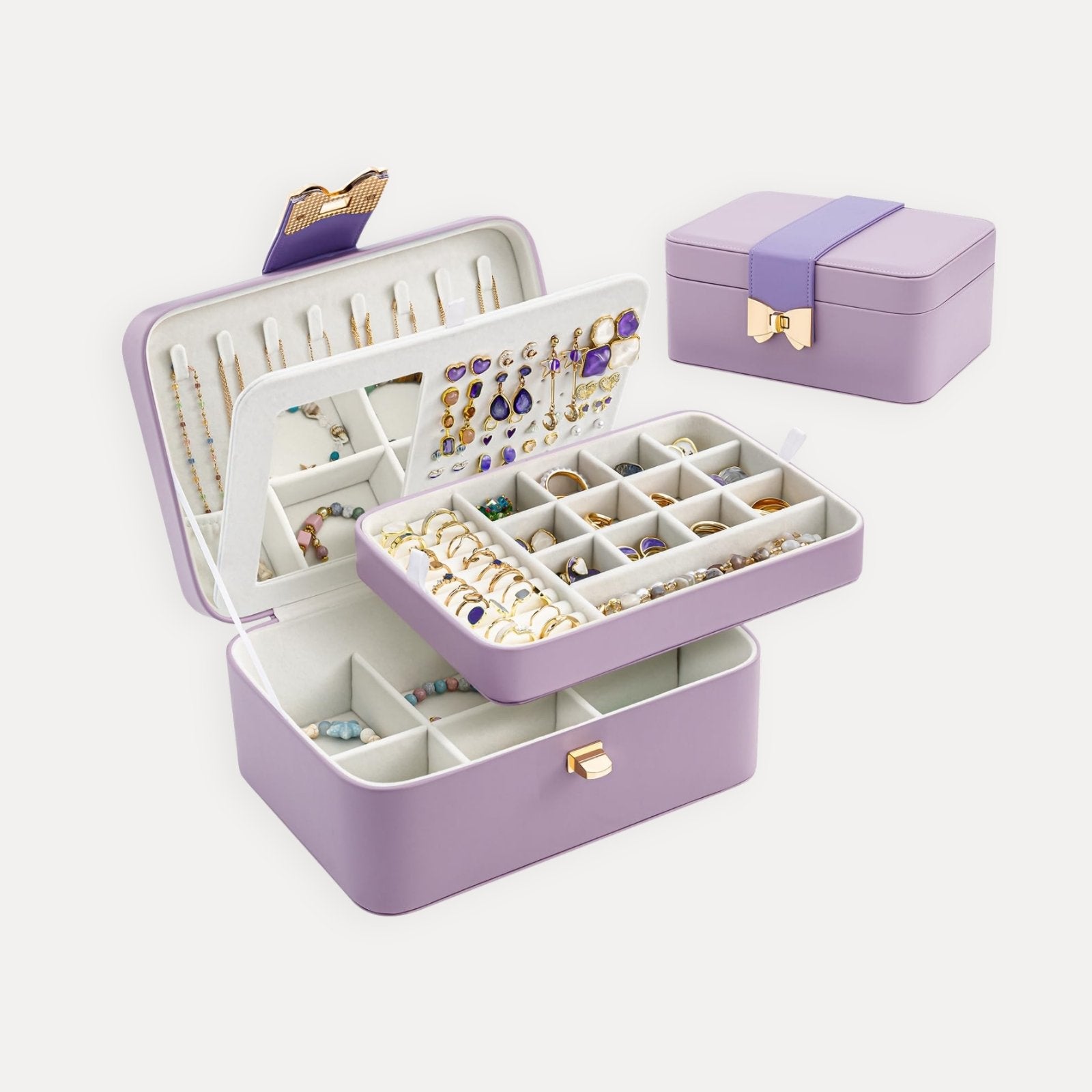 2 Layer Multi-Compartment Jewelry Organizer Box with Mirror