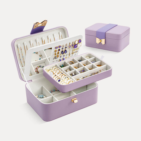 Purple open view of the Lolalet 2-layer jewelry organizer showing compartments for rings and earrings, and an interior mirror.