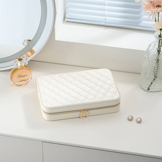 Front view of the compact white Lolalet travel jewelry box, highlighting its sleek, portable design.