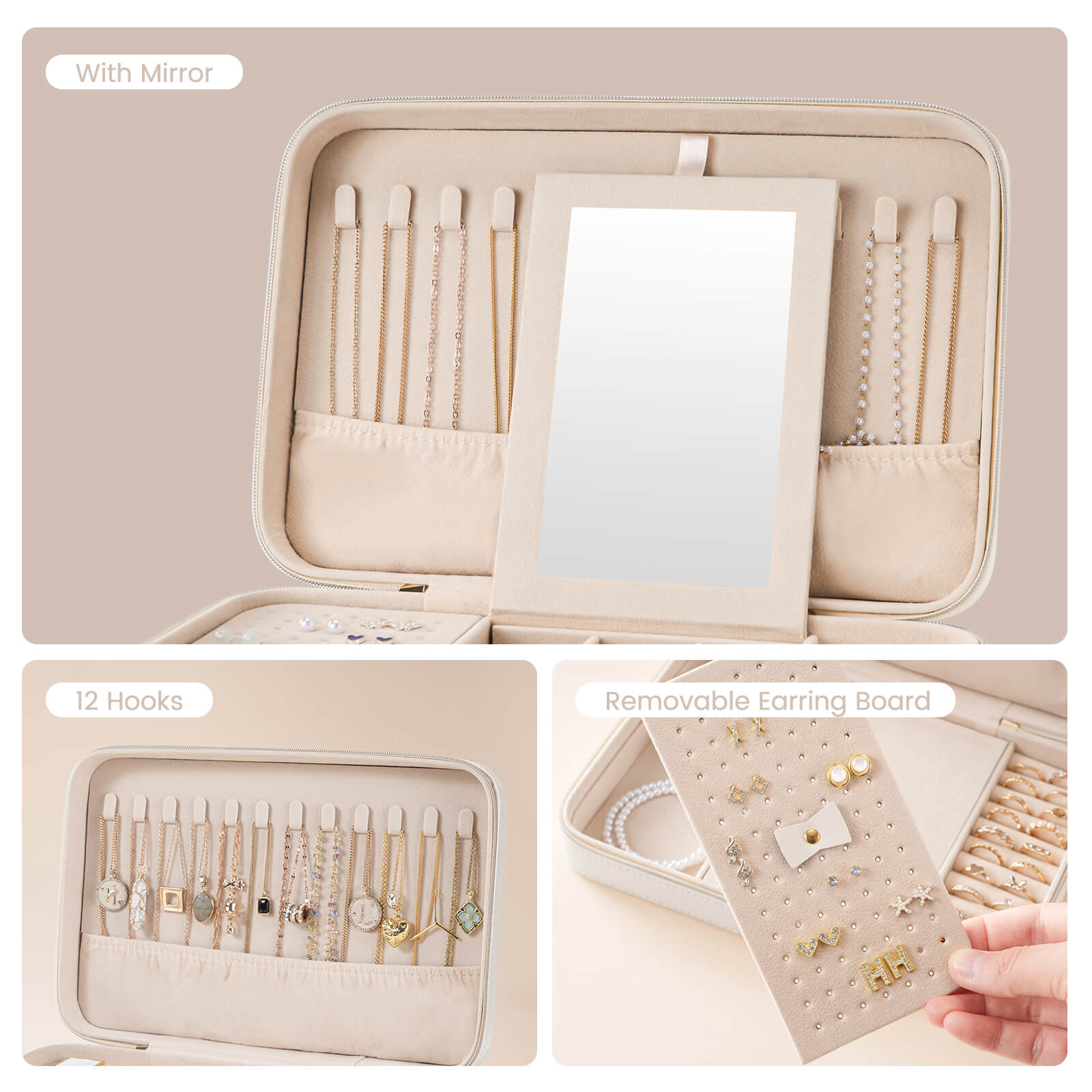 The Lolalet travel jewelry case filled with necklaces, rings, and bracelets to demonstrate its large storage capacity for travel.