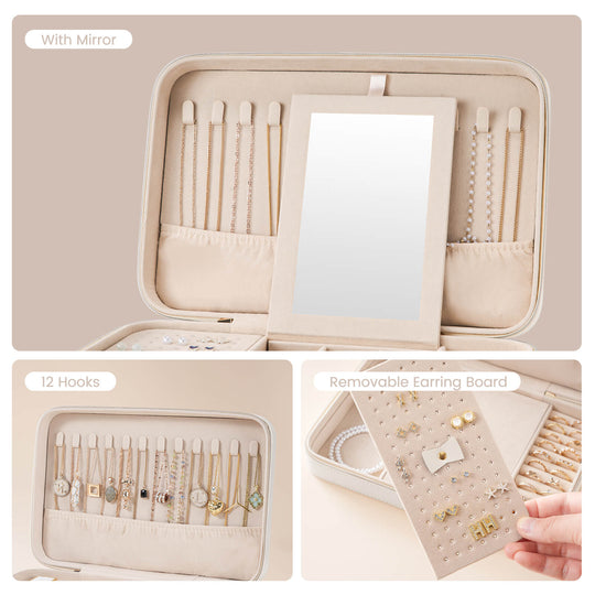 The Lolalet travel jewelry case filled with necklaces, rings, and bracelets to demonstrate its large storage capacity for travel.
