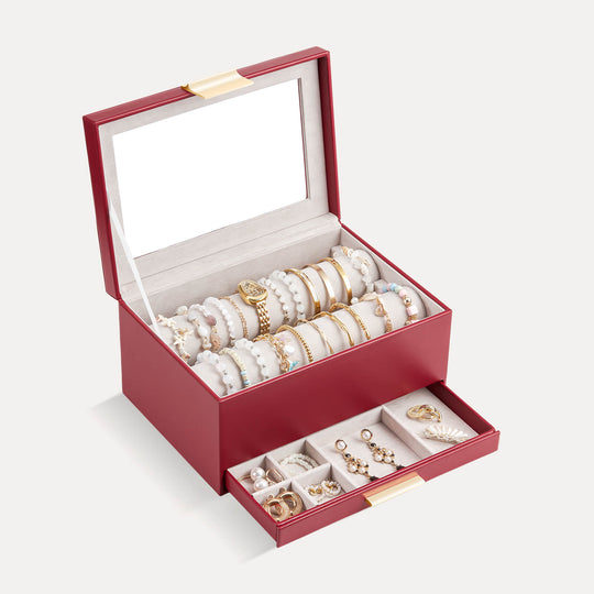 An elegant winered Lolalet bracelet holder featuring a transparent dust-proof lid and a lower drawer, designed to display and organize watches and bangles for women.
