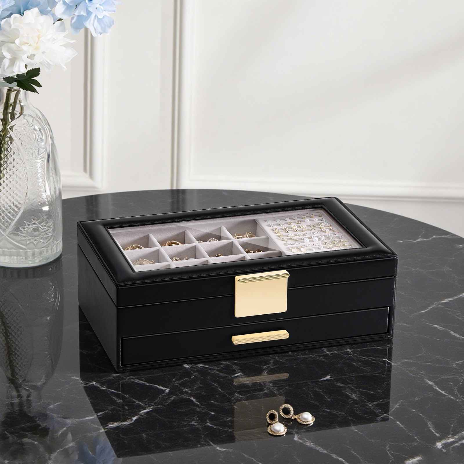 Large Earring Jewelry Box Case with Drawer and Grid