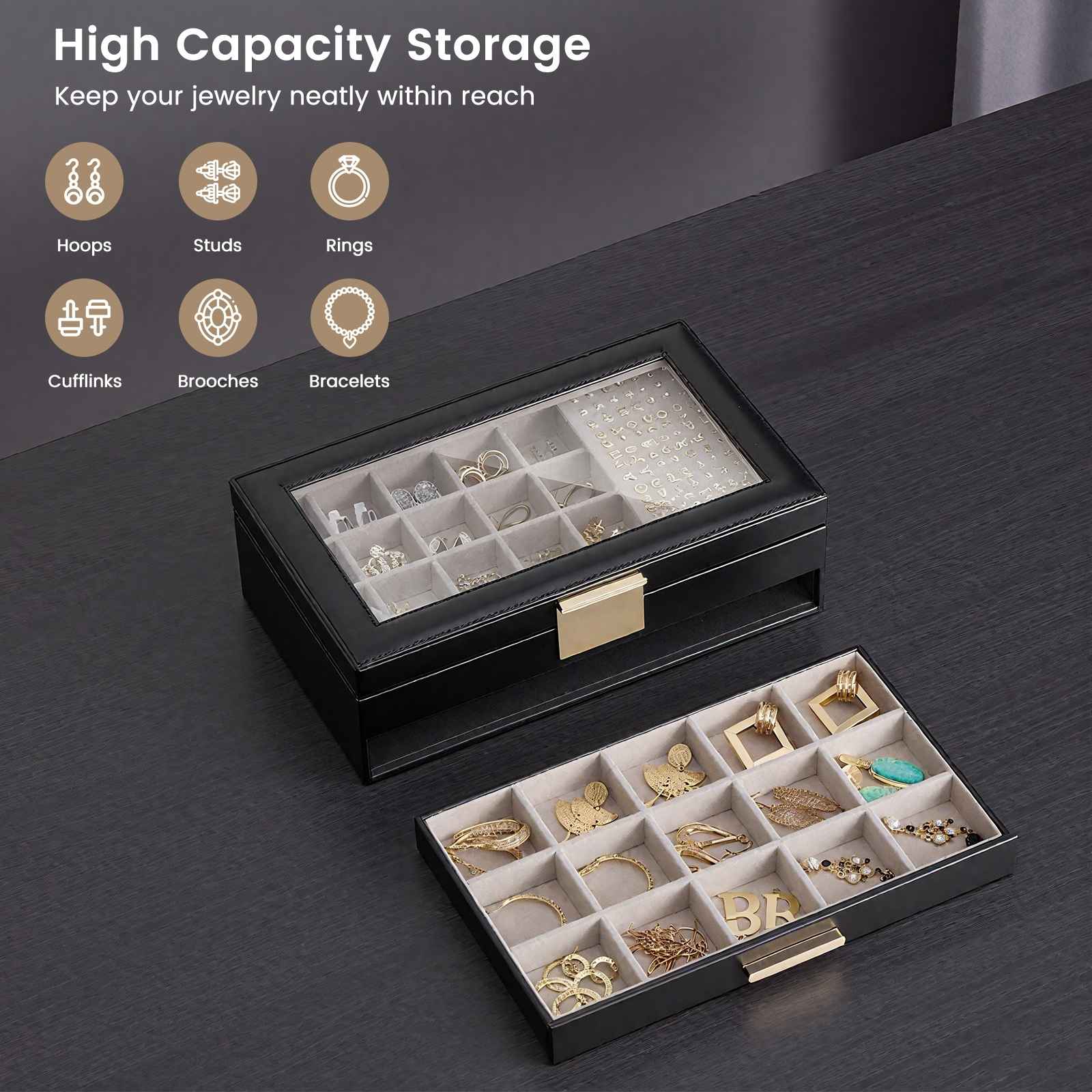 Large Earring Jewelry Box Case with Drawer and Grid