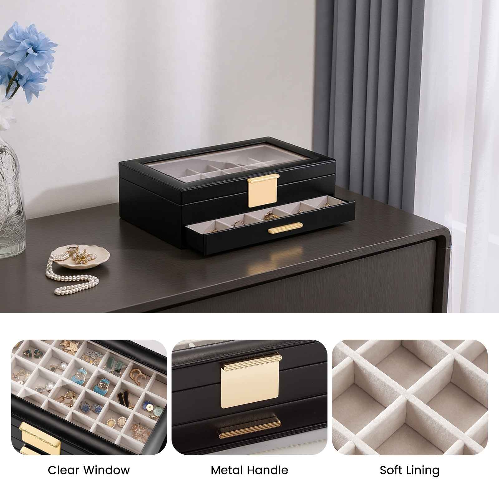 Large Earring Jewelry Box Case with Drawer and Grid