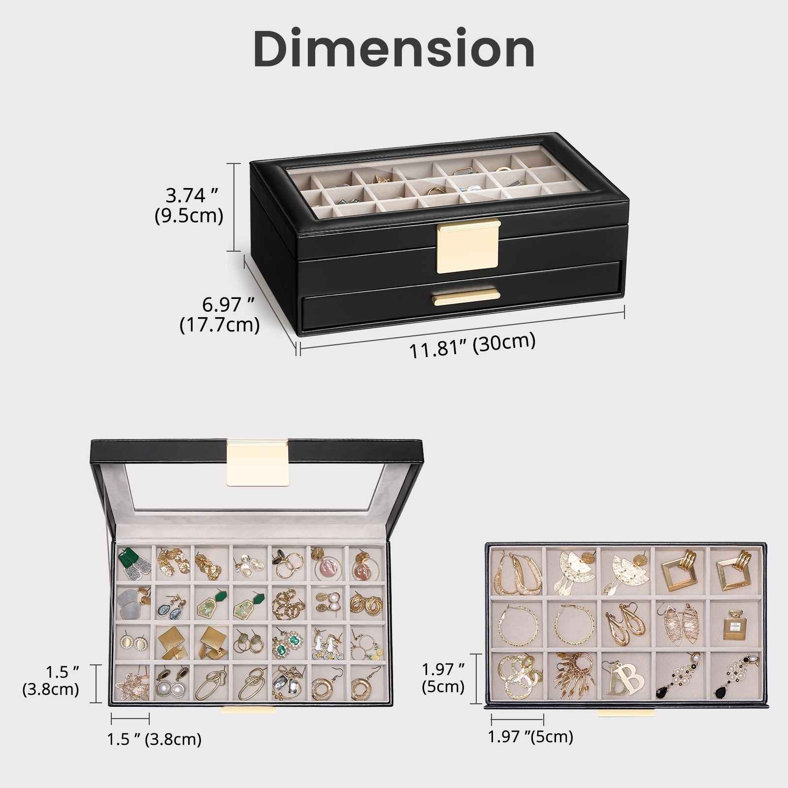Large Earring Jewelry Box Case with Drawer and Grid