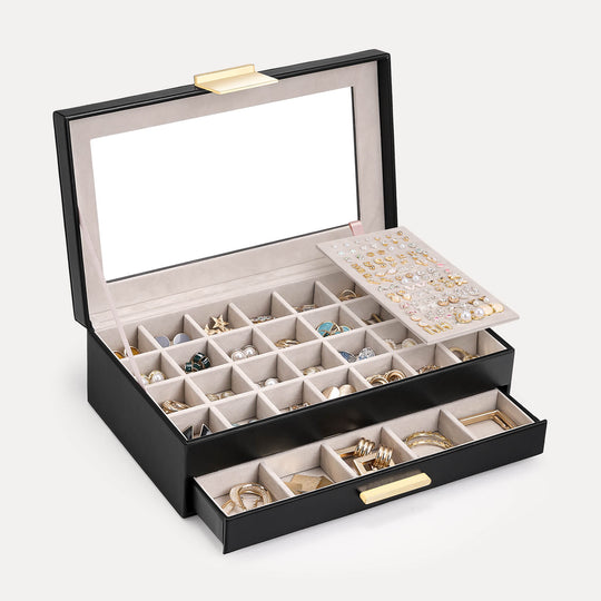 White Lolalet 4-tier large earring storage box for women with a clear glass top and multiple drawers.