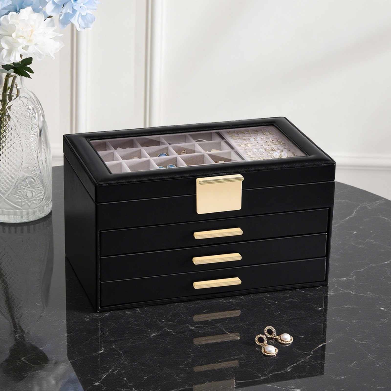 Large Earring Jewelry Box Case with Drawer and Grid