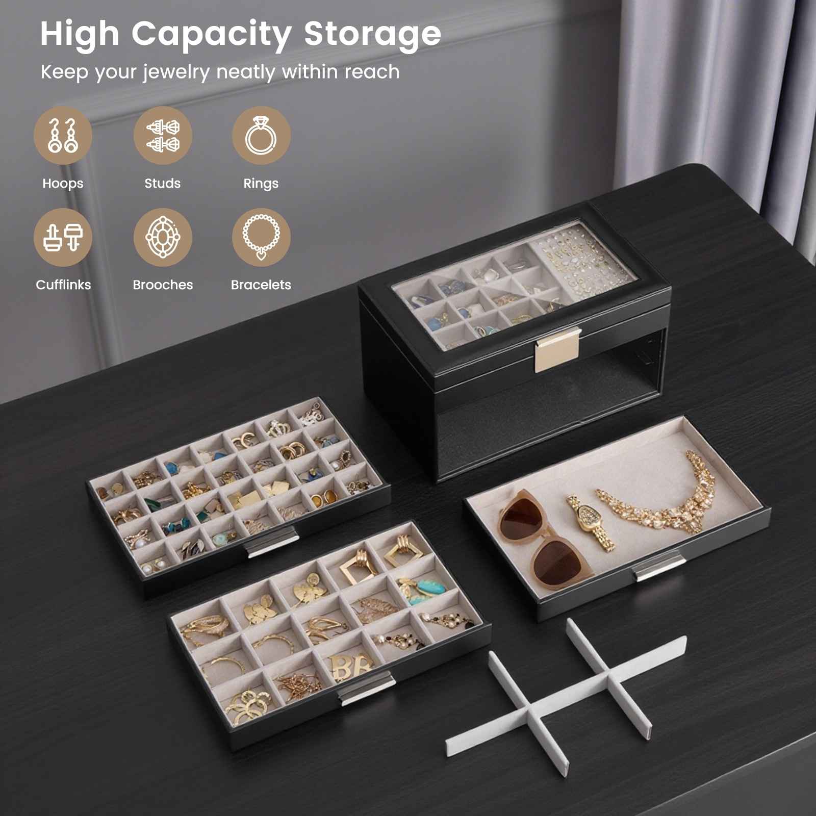 Large Earring Jewelry Box Case with Drawer and Grid