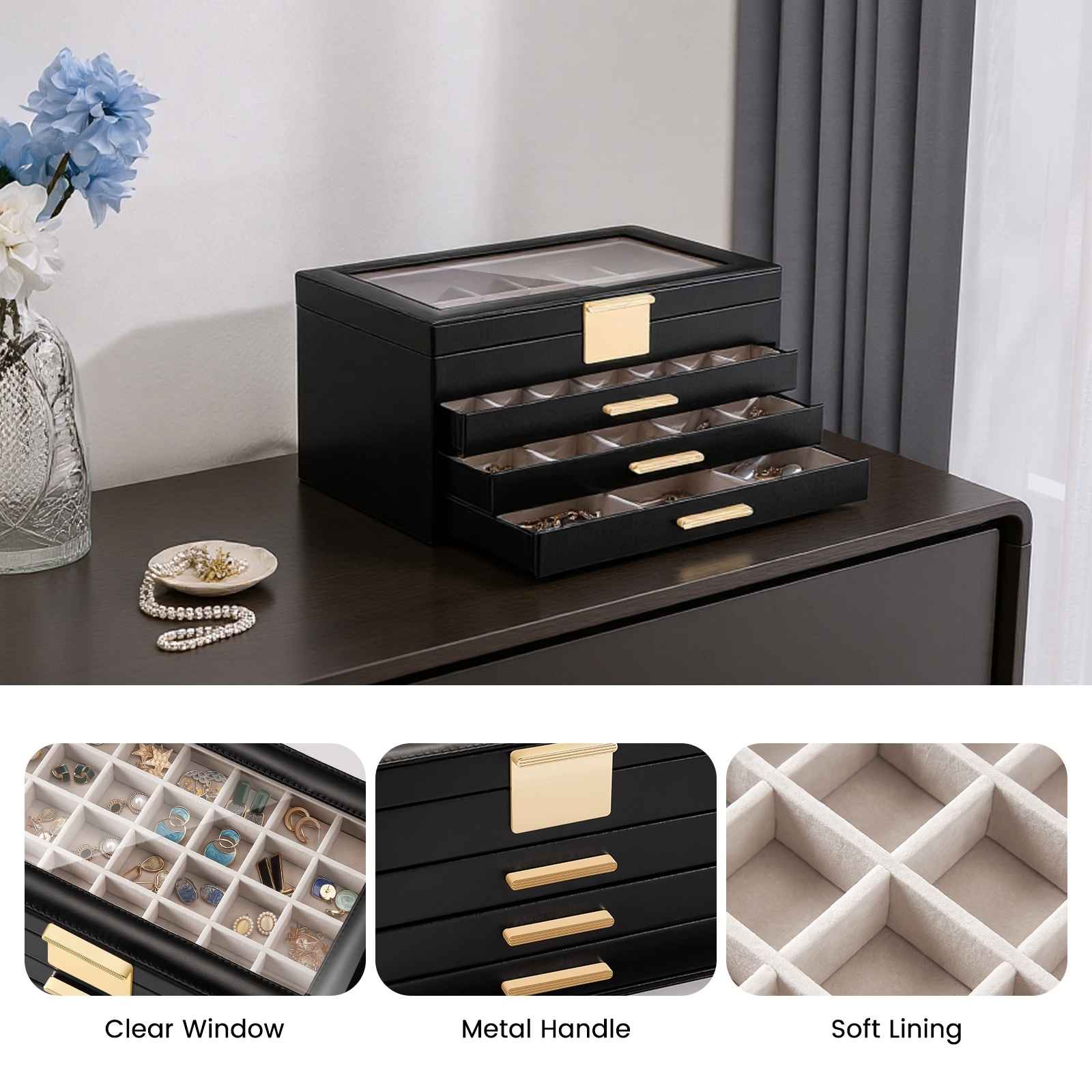 Large Earring Jewelry Box Case with Drawer and Grid