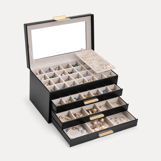 The Lolalet earring jewelry holder with all four tiers/drawers open, showcasing its massive storage capacity and various grid compartments.