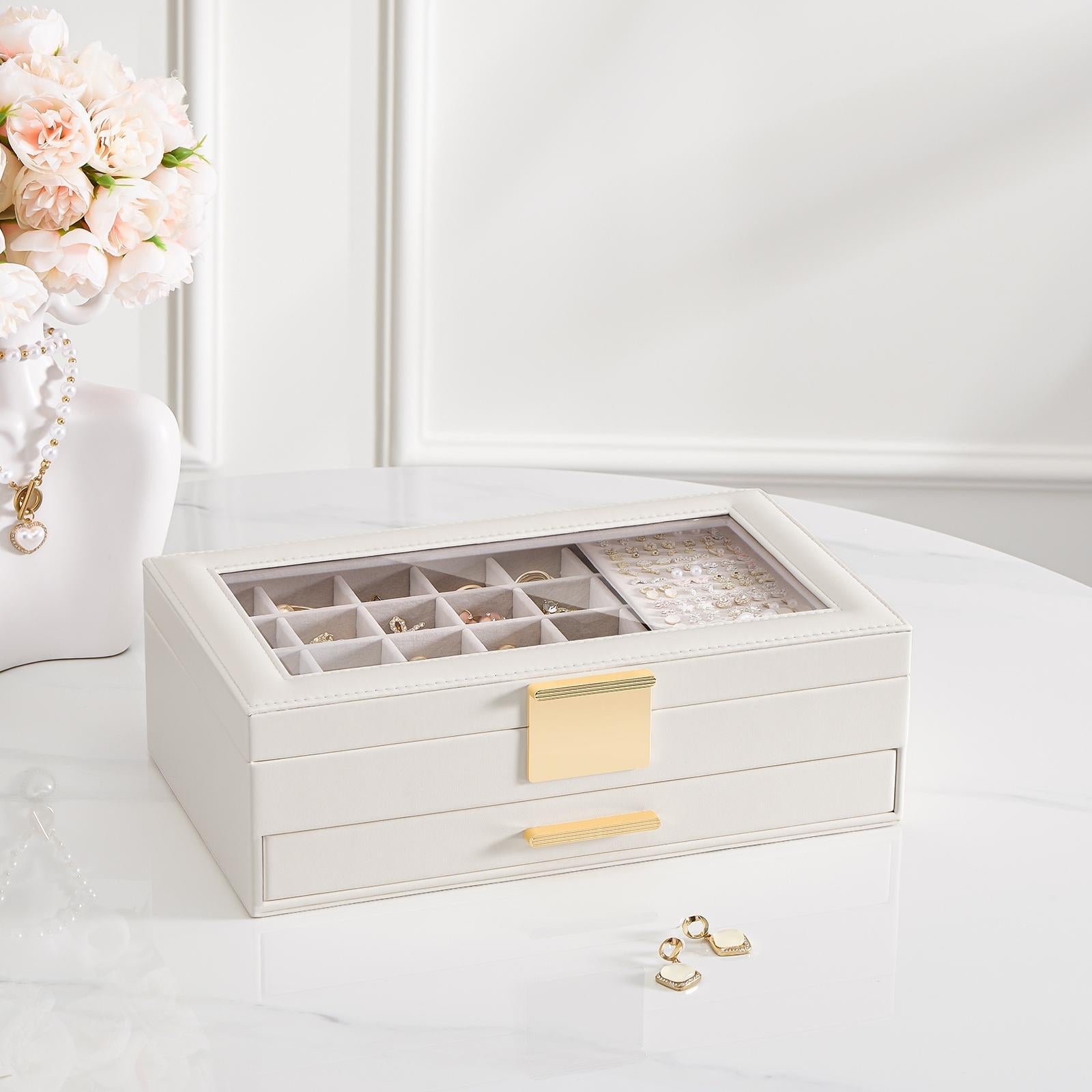 Large Earring Jewelry Box Case with Drawer and Grid
