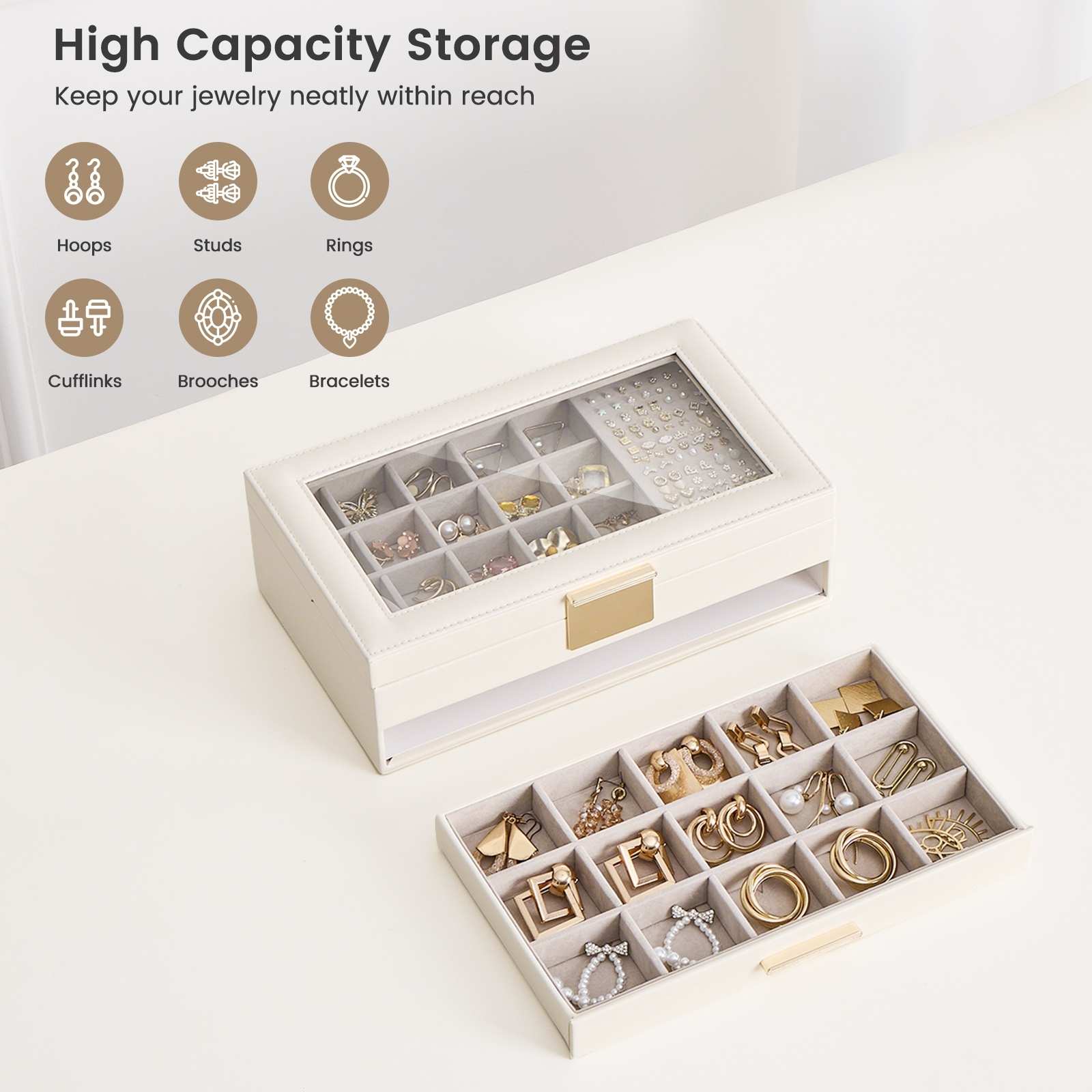 Large Earring Jewelry Box Case with Drawer and Grid