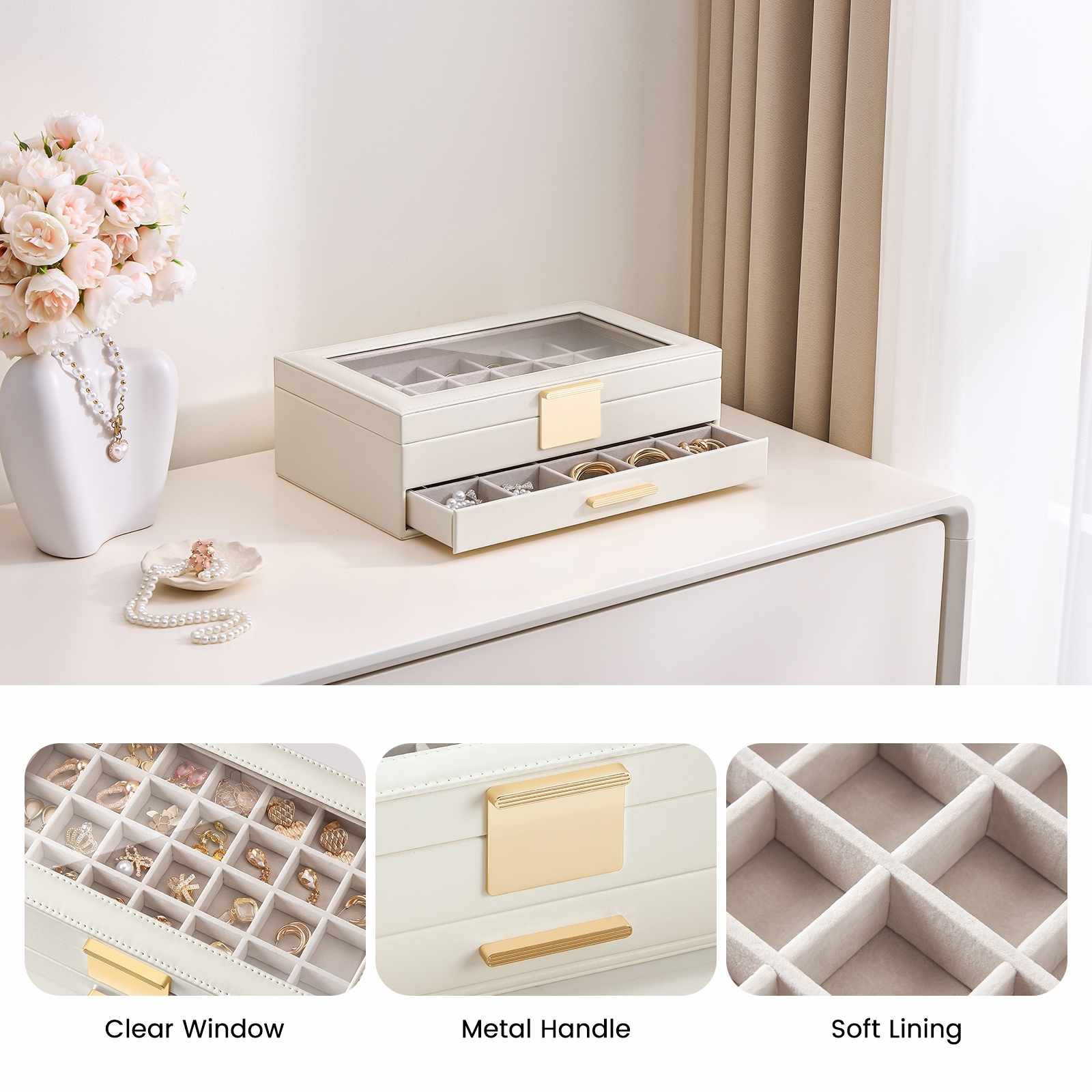 Large Earring Jewelry Box Case with Drawer and Grid