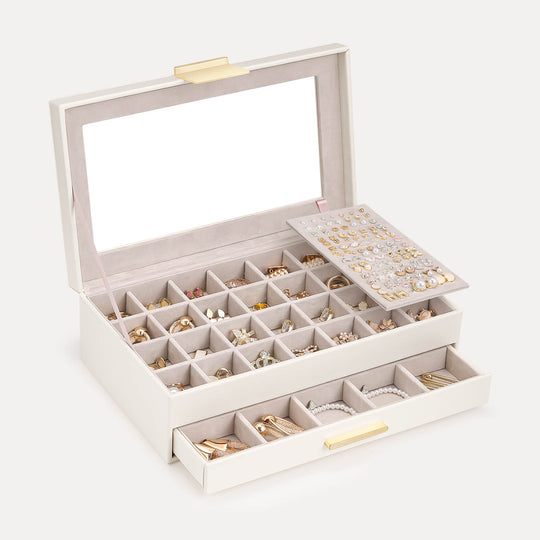 Lolalet 4-tier large earring storage box for women with a clear glass top and multiple drawers.