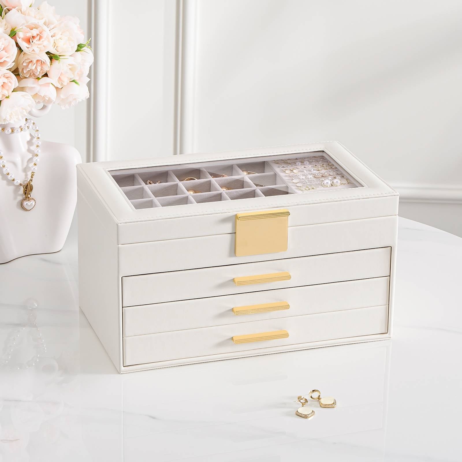 Large Earring Jewelry Box Case with Drawer and Grid