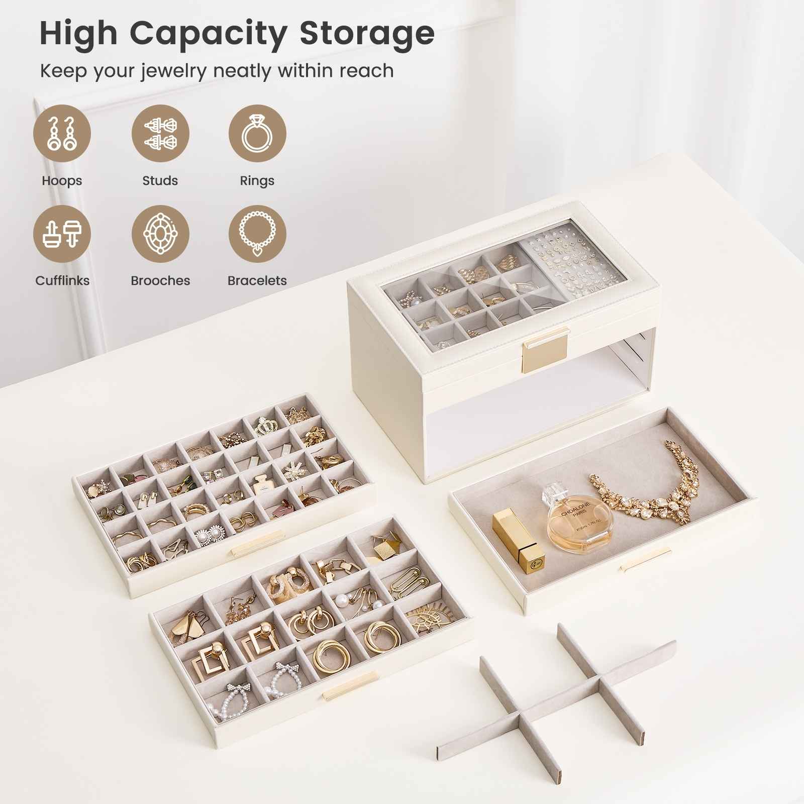 Large Earring Jewelry Box Case with Drawer and Grid