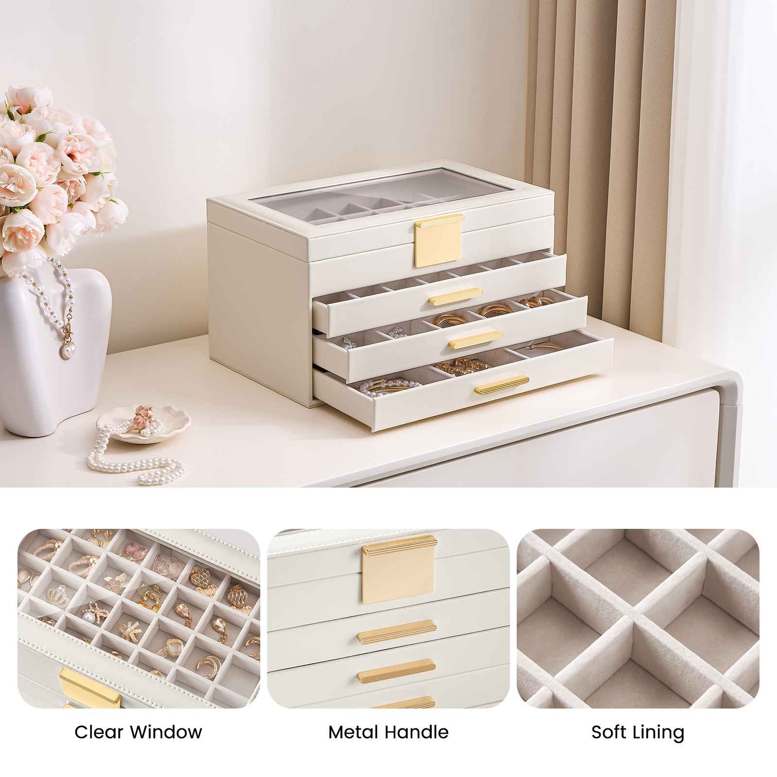 Large Earring Jewelry Box Case with Drawer and Grid