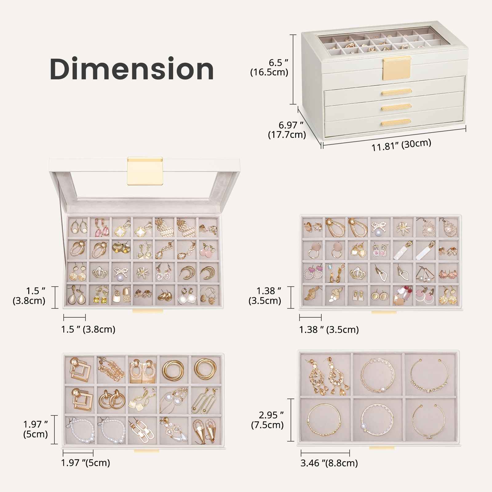 Large Earring Jewelry Box Case with Drawer and Grid