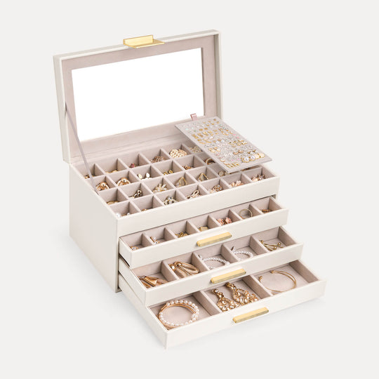 The Lolalet earring jewelry holder with all four tiers/drawers open, showcasing its massive storage capacity and various grid compartments.