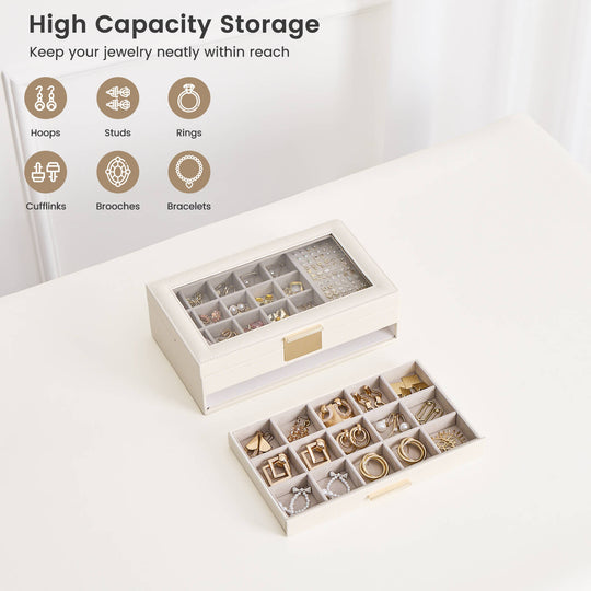 Close-up of a single drawer from the Lolalet earring organizer, featuring soft velvet lining and small grid compartments perfect for stud earrings or rings.