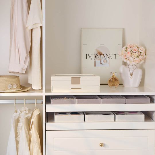 The large Lolalet earring storage box sitting on a vanity, bringing order and style to an extensive jewelry collection.