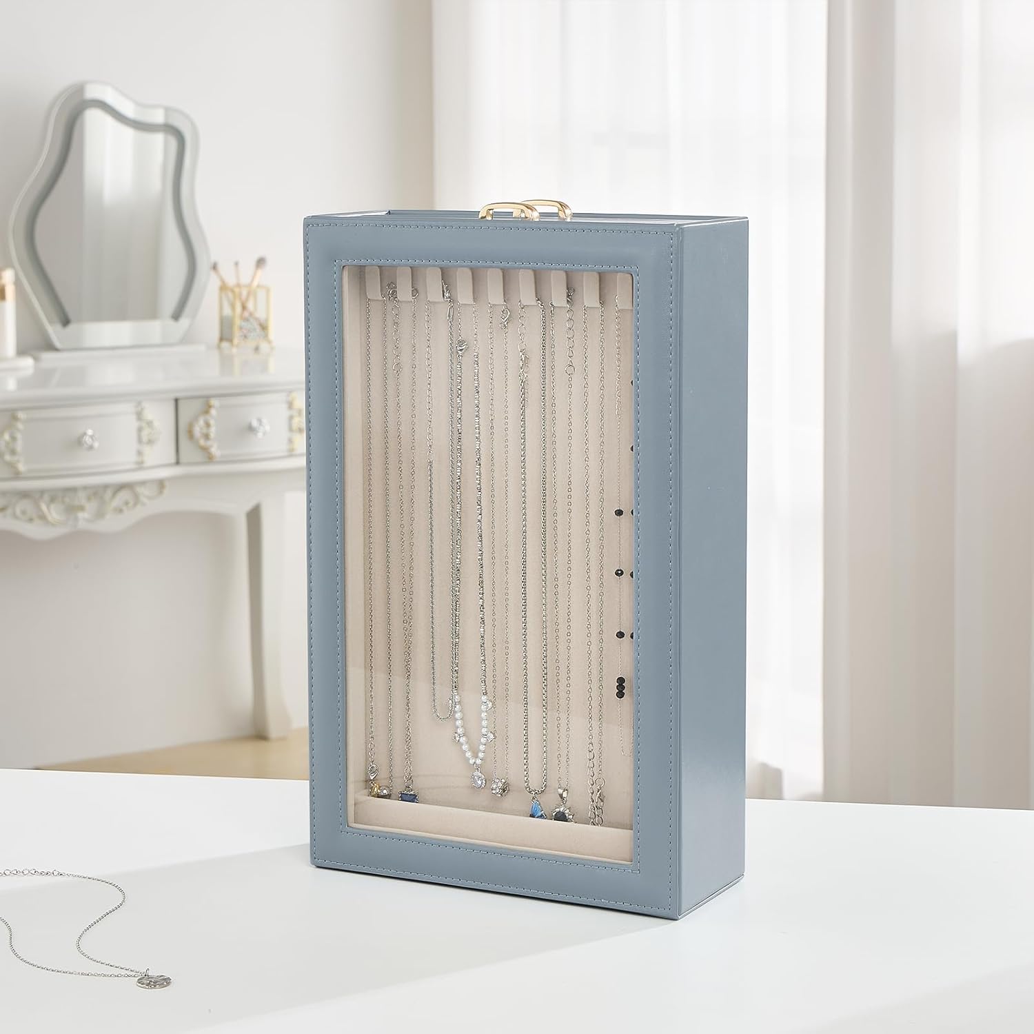 Necklace Organizer Box with Clear Lid