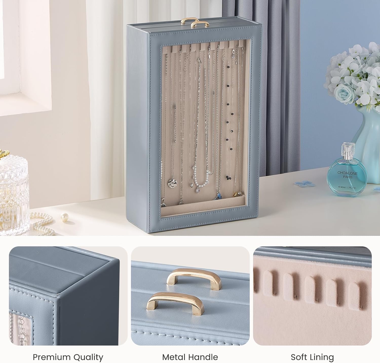 Necklace Organizer Box with Clear Lid