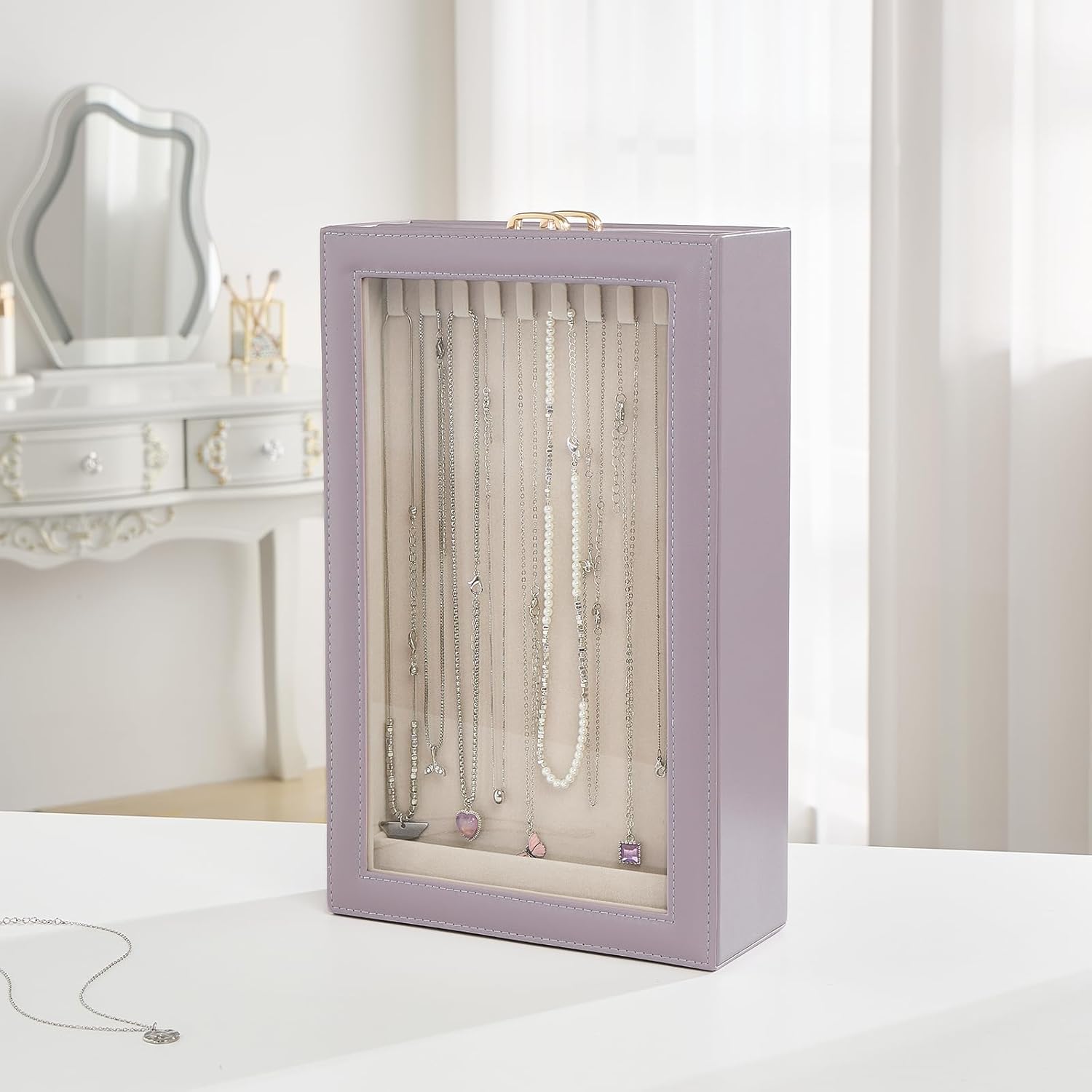 Necklace Organizer Box with Clear Lid