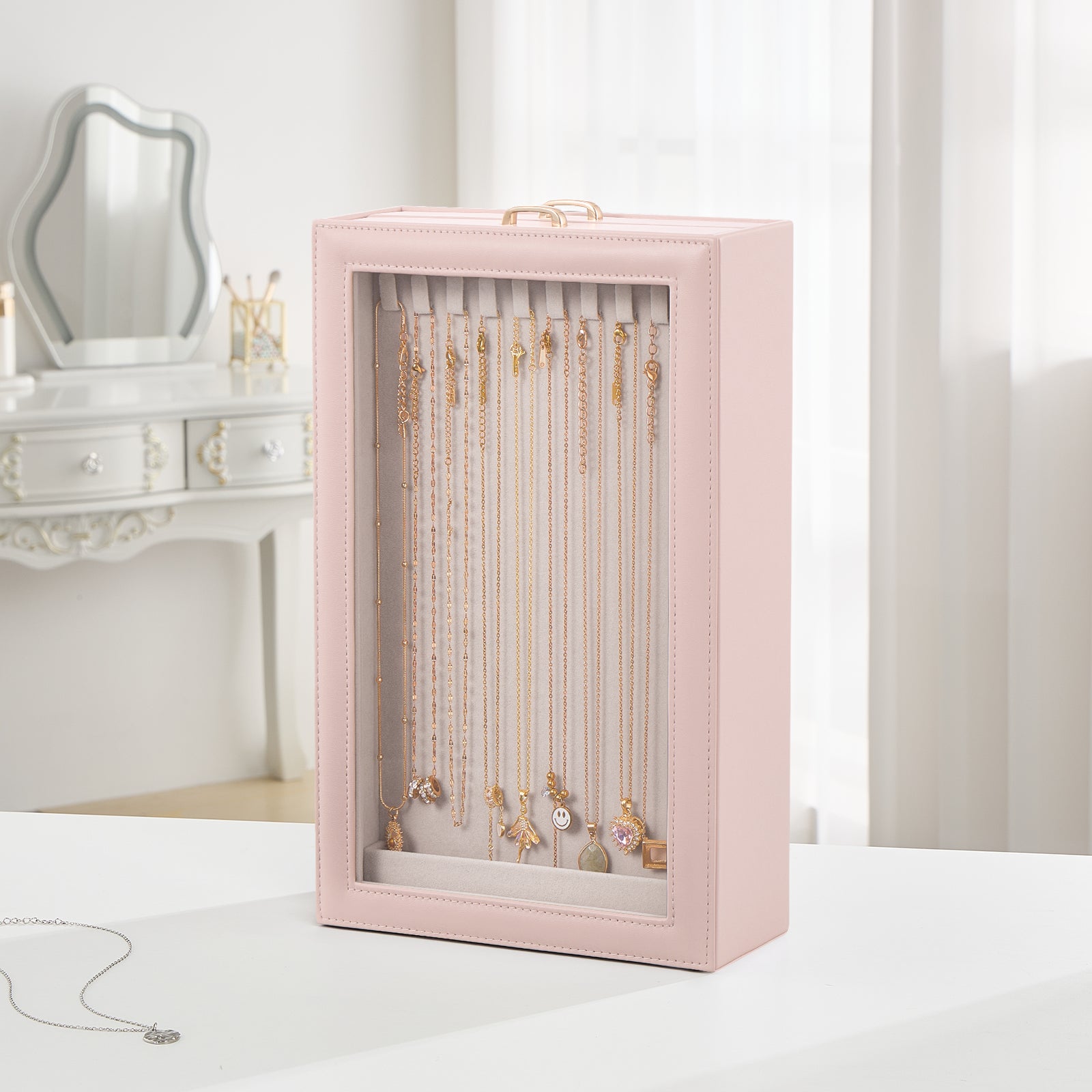 2-Layer Necklace Organizer Box with Clear Lid