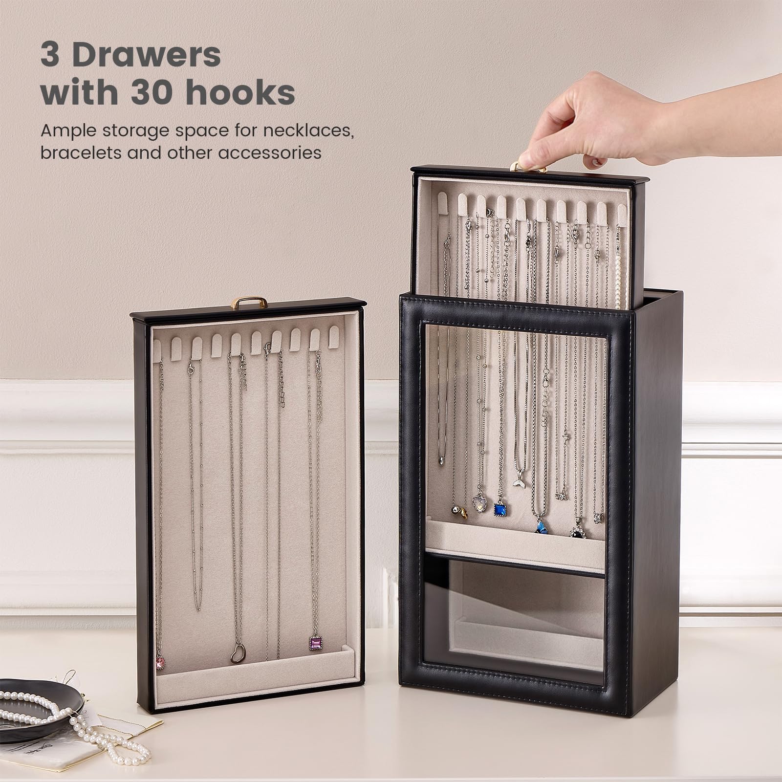 3-Layer Necklace Organizer Box with Clear Lid
