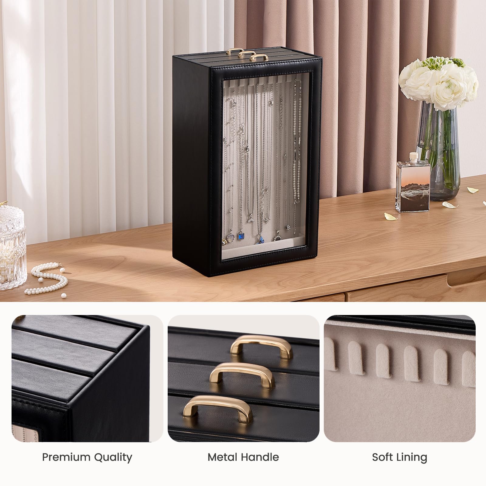 3-Layer Necklace Organizer Box with Clear Lid