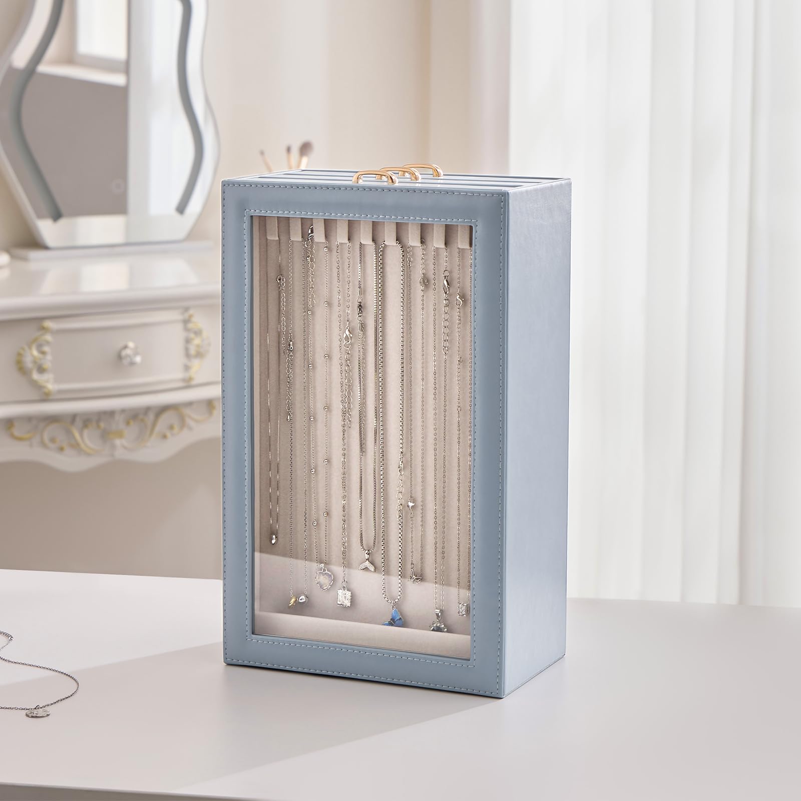 3-Layer Necklace Organizer Box with Clear Lid