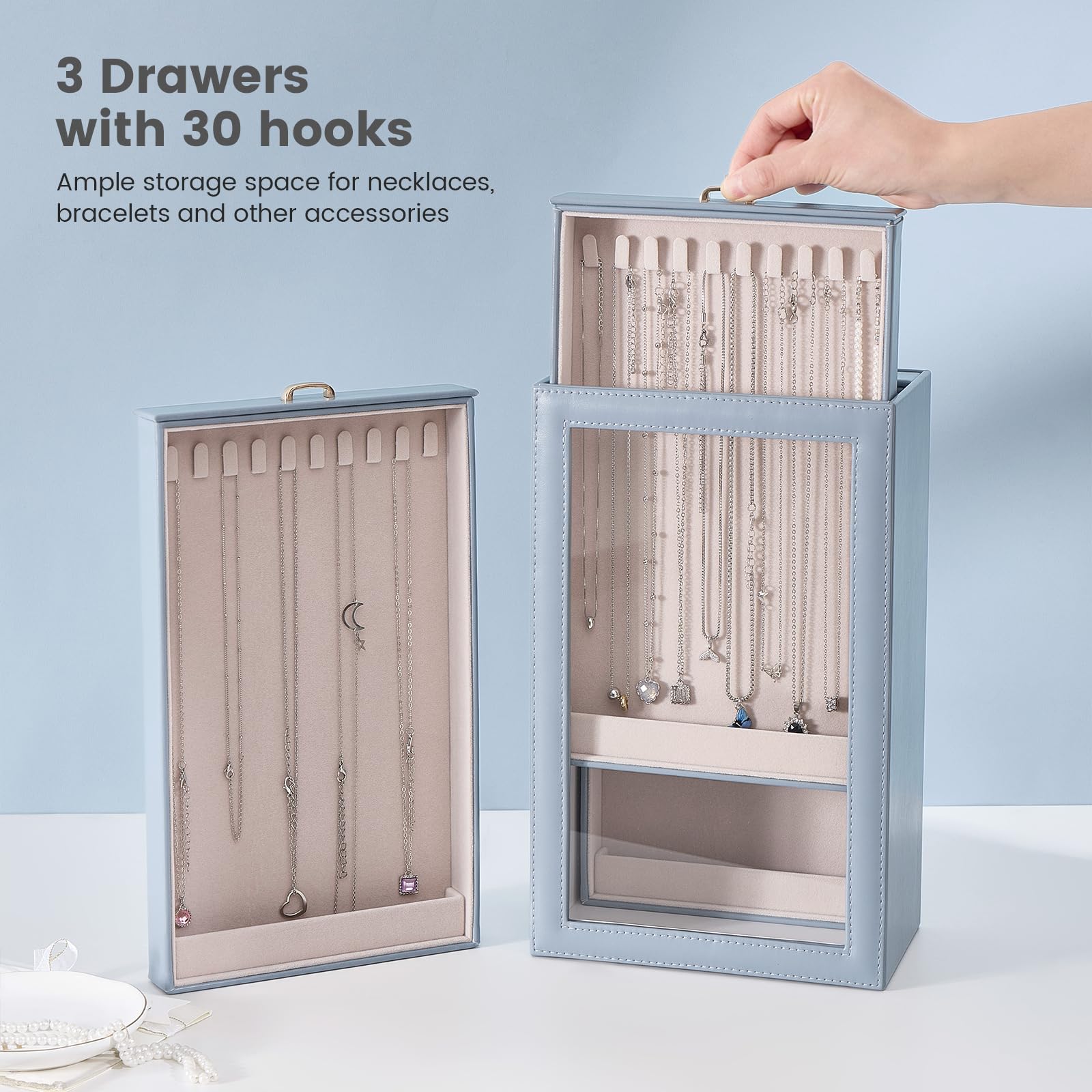 3-Layer Necklace Organizer Box with Clear Lid