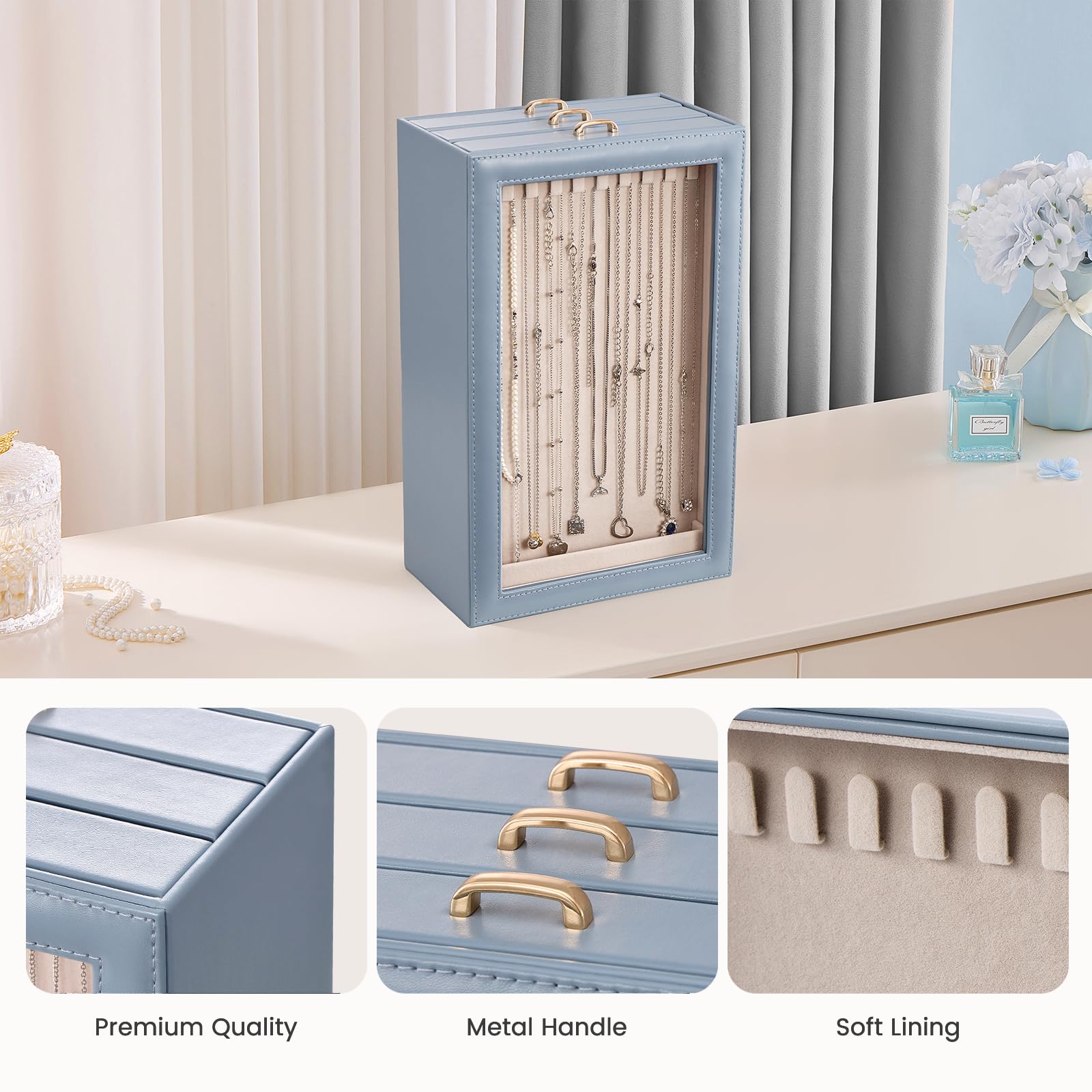 3-Layer Necklace Organizer Box with Clear Lid