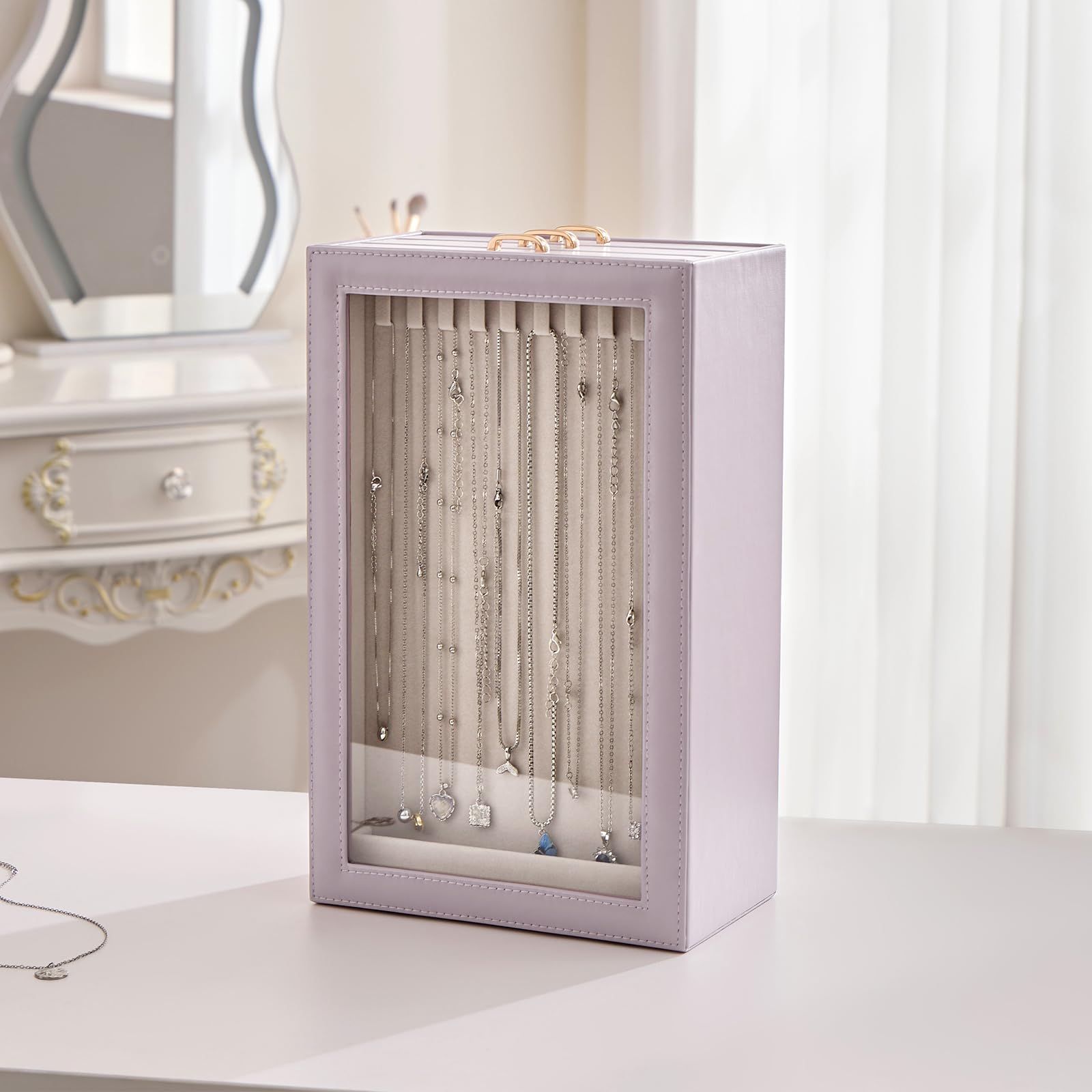 3-Layer Necklace Organizer Box with Clear Lid